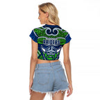 Canberra Raiders Rugby Raglan Cropped T Shirt Polynesian Tribal Viking Warrior Green Blue Pattern