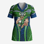 Canberra Raiders Rugby Scrub Top Polynesian Tribal Viking Warrior Green Blue Pattern