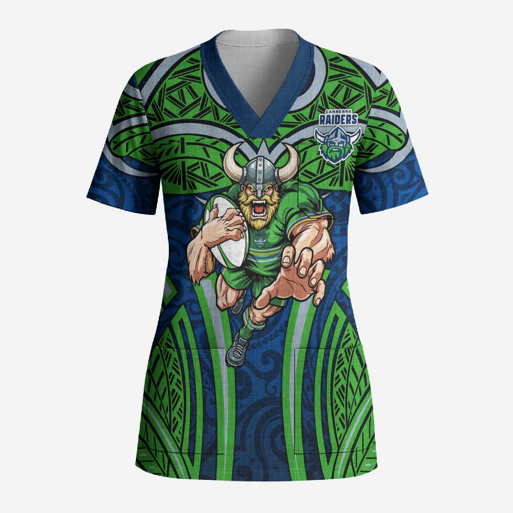 Canberra Raiders Rugby Scrub Top Polynesian Tribal Viking Warrior Green Blue Pattern