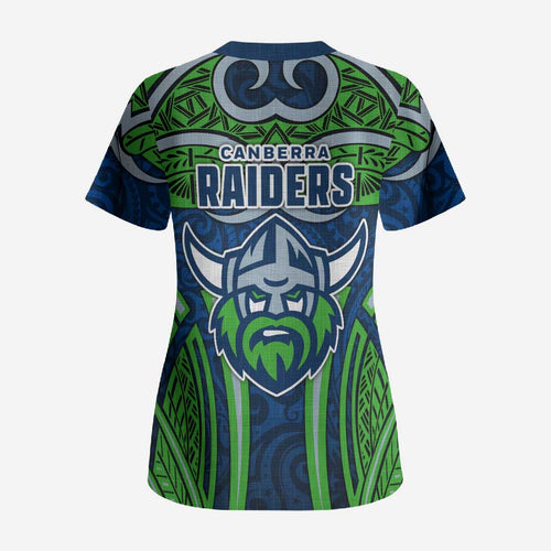 Canberra Raiders Rugby Scrub Top Polynesian Tribal Viking Warrior Green Blue Pattern