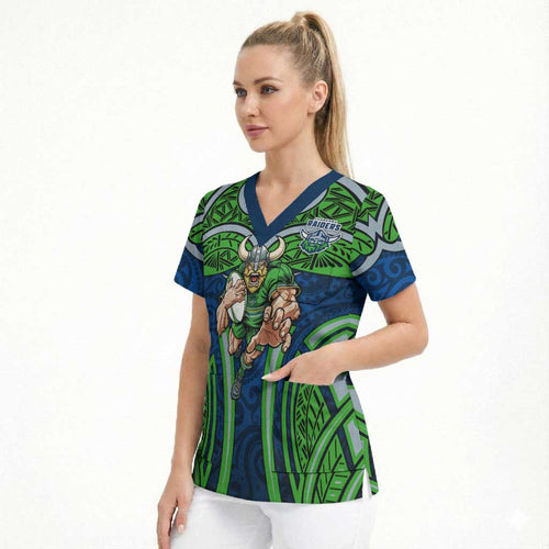 Canberra Raiders Rugby Scrub Top Polynesian Tribal Viking Warrior Green Blue Pattern