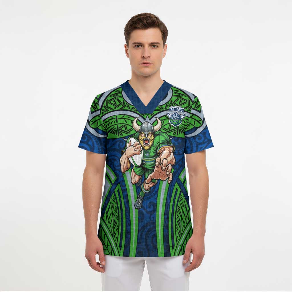 Canberra Raiders Rugby Scrub Top Polynesian Tribal Viking Warrior Green Blue Pattern