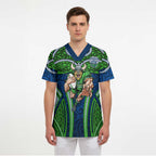 Canberra Raiders Rugby Scrub Top Polynesian Tribal Viking Warrior Green Blue Pattern
