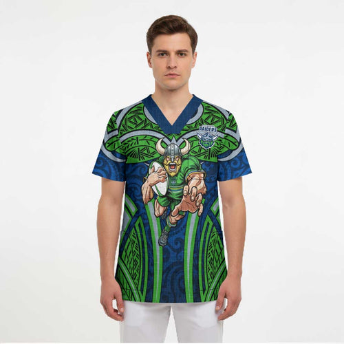 Canberra Raiders Rugby Scrub Top Polynesian Tribal Viking Warrior Green Blue Pattern