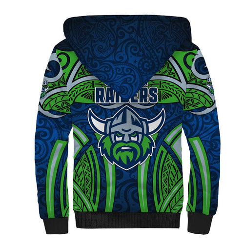 Canberra Raiders Rugby Sherpa Hoodie Polynesian Tribal Viking Warrior Green Blue Pattern