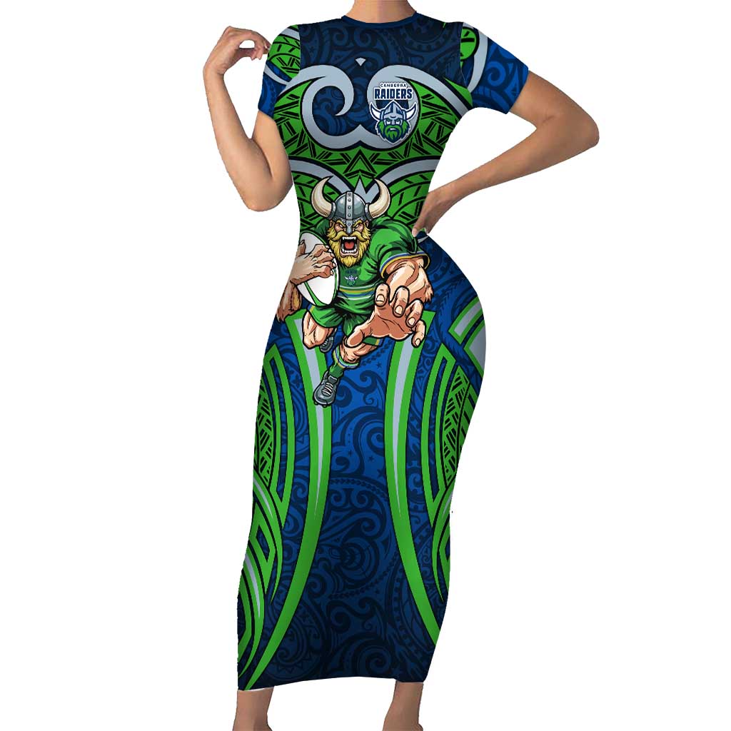 Canberra Raiders Rugby Short Sleeve Bodycon Dress Polynesian Tribal Viking Warrior Green Blue Pattern