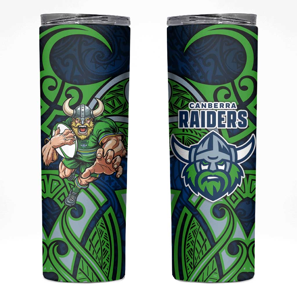 Canberra Raiders Rugby Skinny Tumbler Polynesian Tribal Viking Warrior Green Blue Pattern