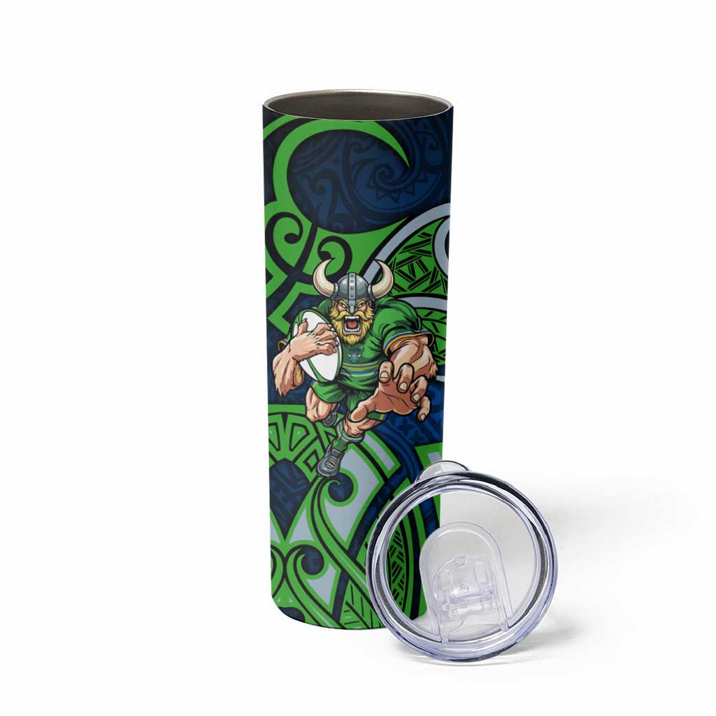 Canberra Raiders Rugby Skinny Tumbler Polynesian Tribal Viking Warrior Green Blue Pattern