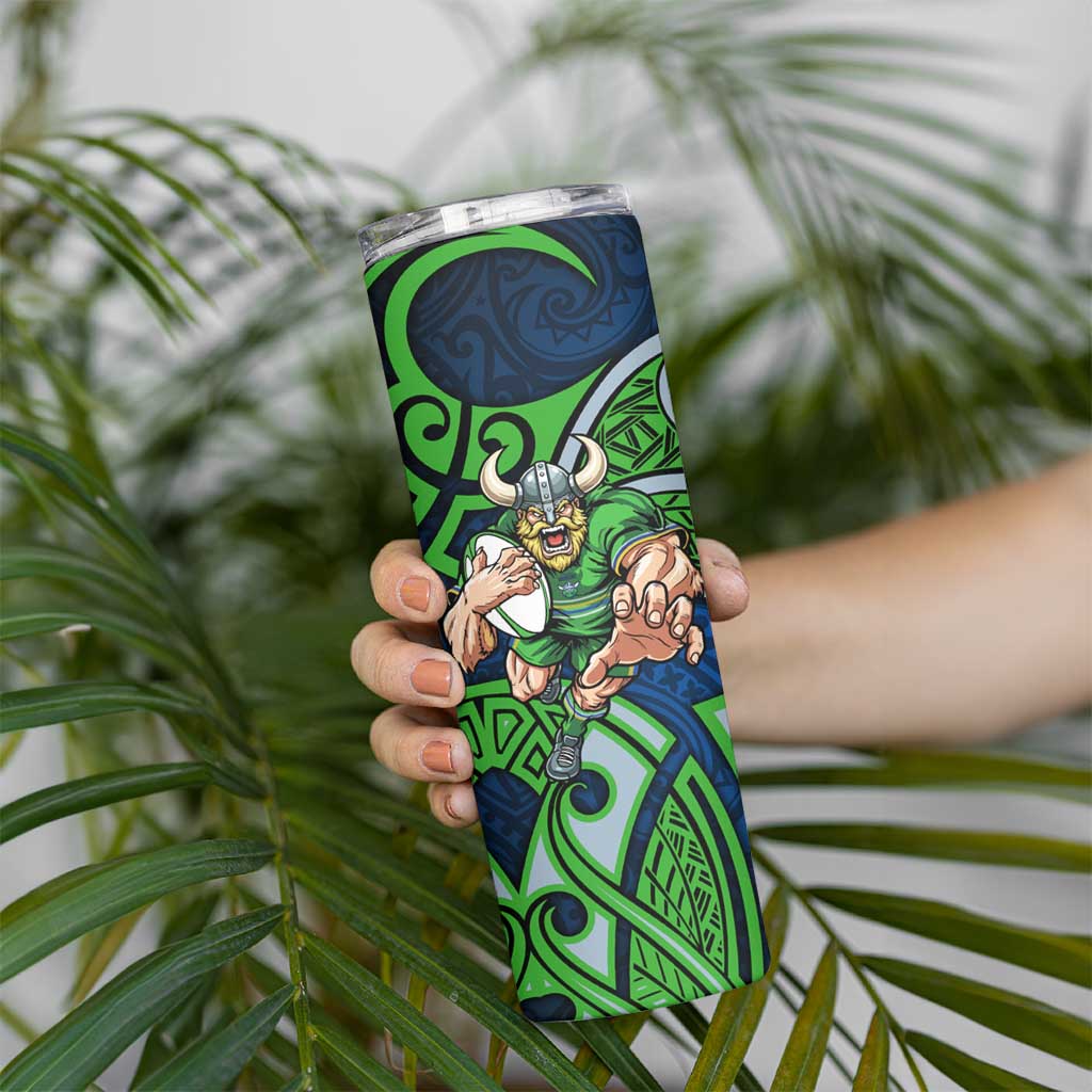 Canberra Raiders Rugby Skinny Tumbler Polynesian Tribal Viking Warrior Green Blue Pattern