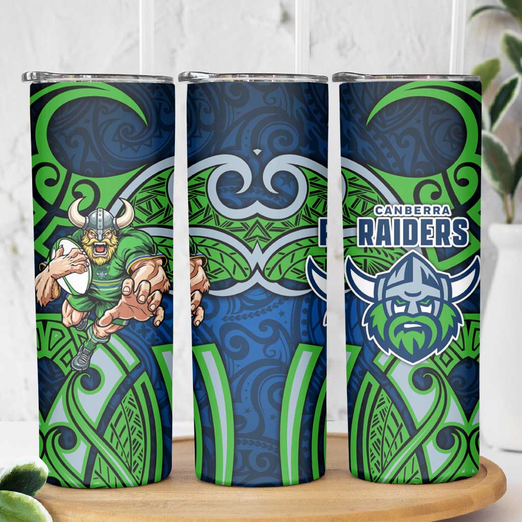 Canberra Raiders Rugby Skinny Tumbler Polynesian Tribal Viking Warrior Green Blue Pattern