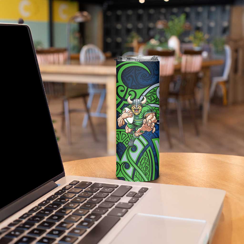 Canberra Raiders Rugby Skinny Tumbler Polynesian Tribal Viking Warrior Green Blue Pattern