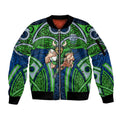 Canberra Raiders Rugby Sleeve Zip Bomber Jacket Polynesian Tribal Viking Warrior Green Blue Pattern