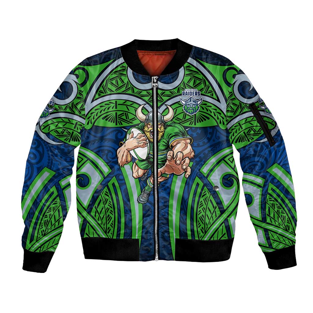 Canberra Raiders Rugby Sleeve Zip Bomber Jacket Polynesian Tribal Viking Warrior Green Blue Pattern