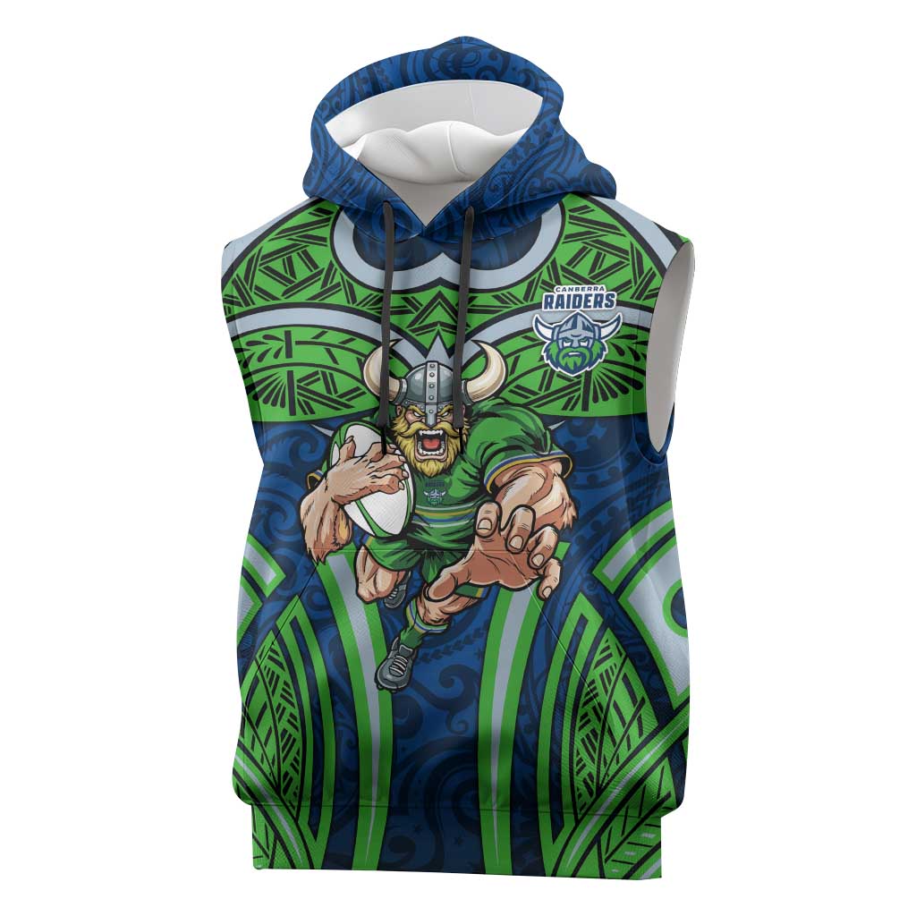 Canberra Raiders Rugby Sleeveless Hoodie Polynesian Tribal Viking Warrior Green Blue Pattern