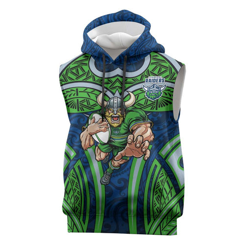 Canberra Raiders Rugby Sleeveless Hoodie Polynesian Tribal Viking Warrior Green Blue Pattern