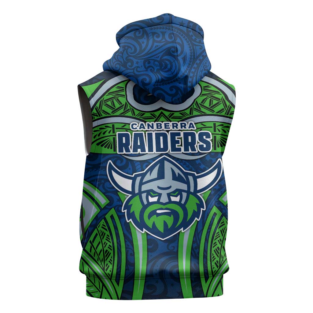 Canberra Raiders Rugby Sleeveless Hoodie Polynesian Tribal Viking Warrior Green Blue Pattern