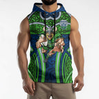 Canberra Raiders Rugby Sleeveless Hoodie Polynesian Tribal Viking Warrior Green Blue Pattern