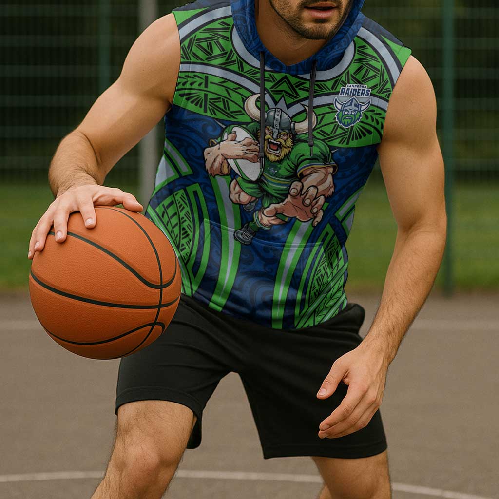 Canberra Raiders Rugby Sleeveless Hoodie Polynesian Tribal Viking Warrior Green Blue Pattern