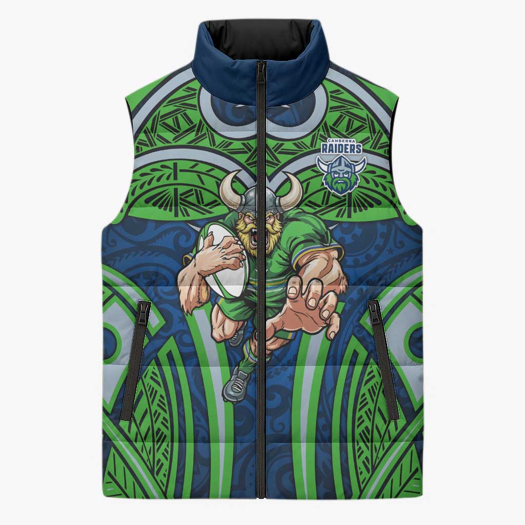 Canberra Raiders Rugby Sleeveless Puffer Jacket Polynesian Tribal Viking Warrior Green Blue Pattern