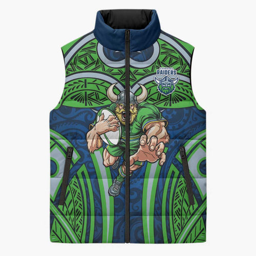 Canberra Raiders Rugby Sleeveless Puffer Jacket Polynesian Tribal Viking Warrior Green Blue Pattern