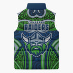 Canberra Raiders Rugby Sleeveless Puffer Jacket Polynesian Tribal Viking Warrior Green Blue Pattern