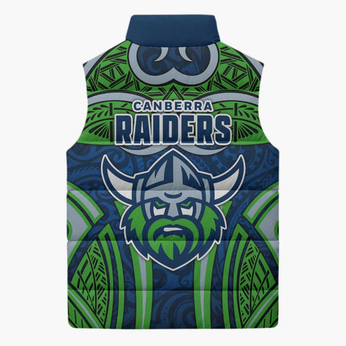 Canberra Raiders Rugby Sleeveless Puffer Jacket Polynesian Tribal Viking Warrior Green Blue Pattern