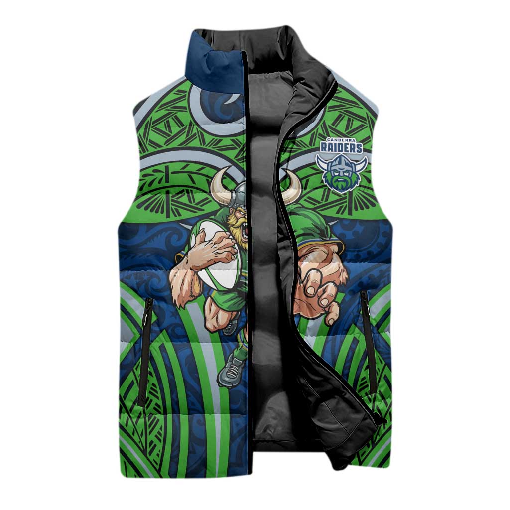 Canberra Raiders Rugby Sleeveless Puffer Jacket Polynesian Tribal Viking Warrior Green Blue Pattern