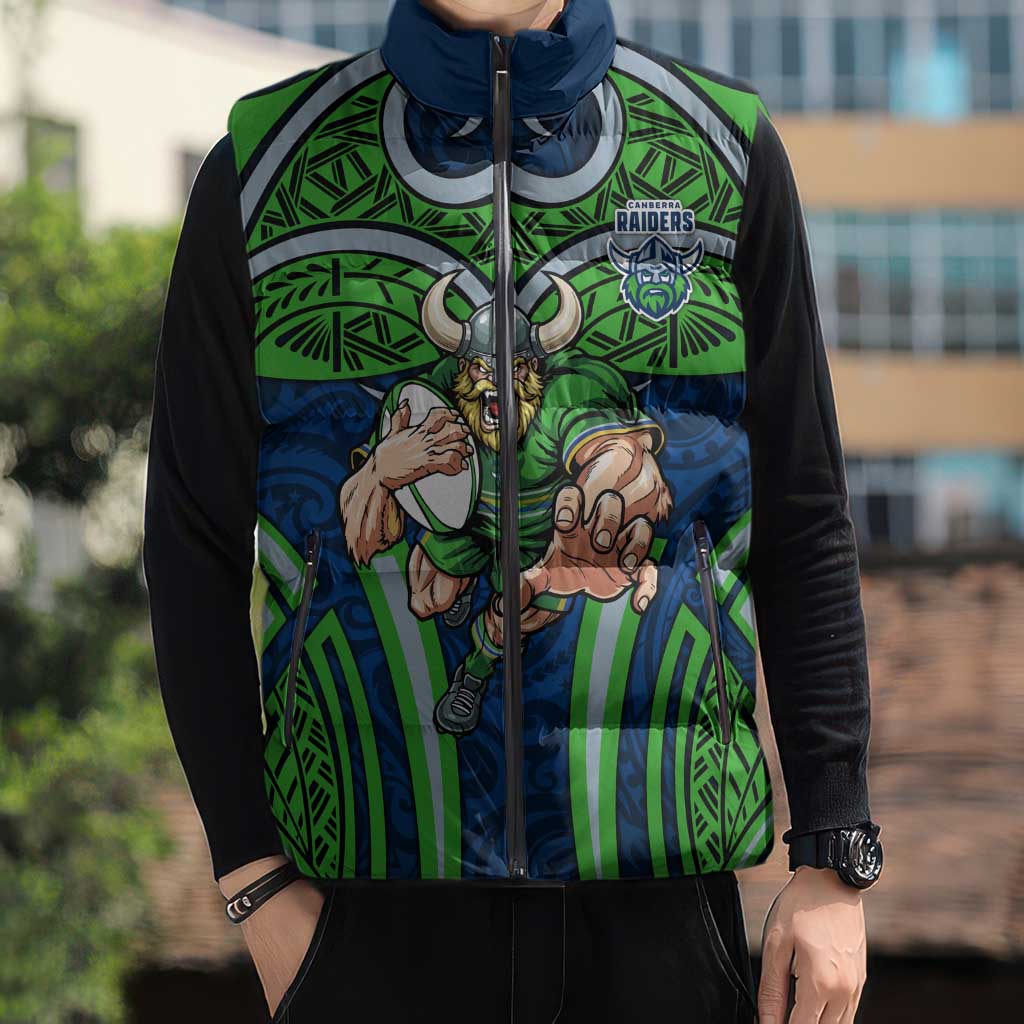 Canberra Raiders Rugby Sleeveless Puffer Jacket Polynesian Tribal Viking Warrior Green Blue Pattern