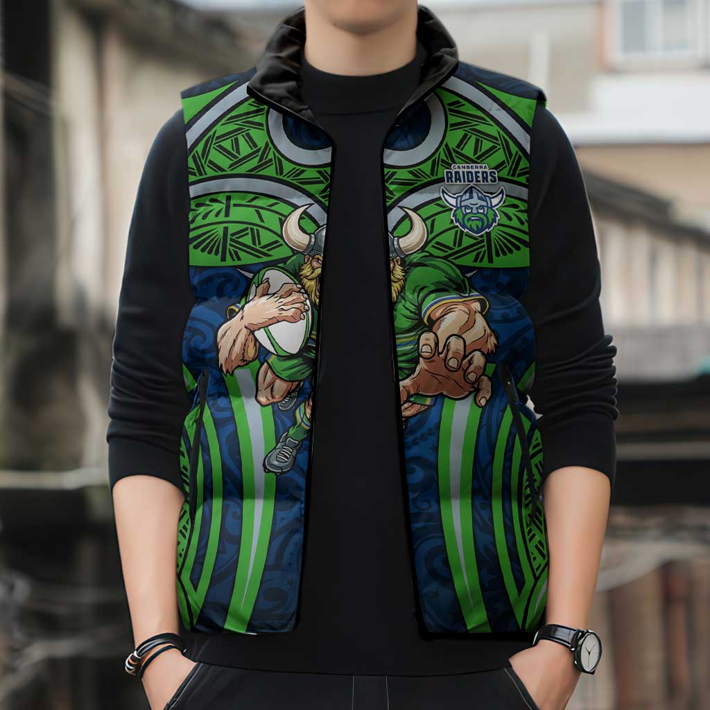 Canberra Raiders Rugby Sleeveless Puffer Jacket Polynesian Tribal Viking Warrior Green Blue Pattern