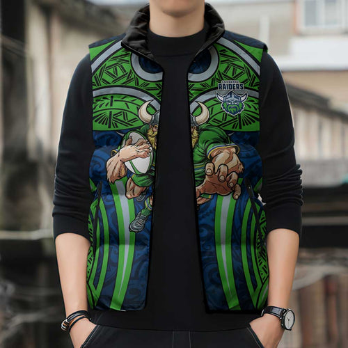 Canberra Raiders Rugby Sleeveless Puffer Jacket Polynesian Tribal Viking Warrior Green Blue Pattern