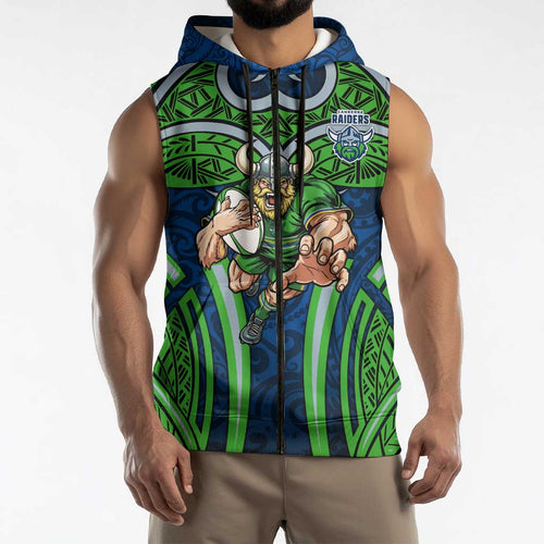 Canberra Raiders Rugby Sleeveless Zip Hoodie Polynesian Tribal Viking Warrior Green Blue Pattern