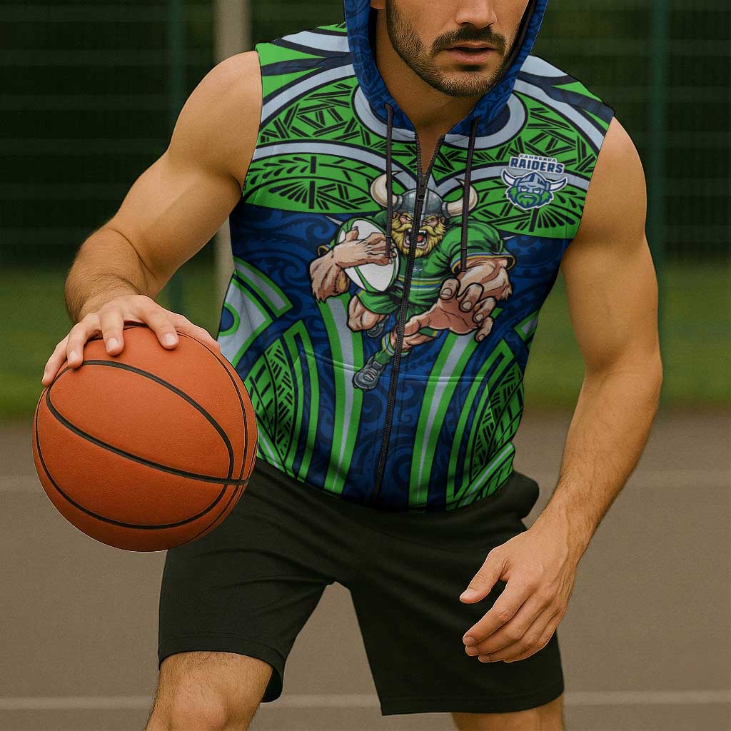 Canberra Raiders Rugby Sleeveless Zip Hoodie Polynesian Tribal Viking Warrior Green Blue Pattern