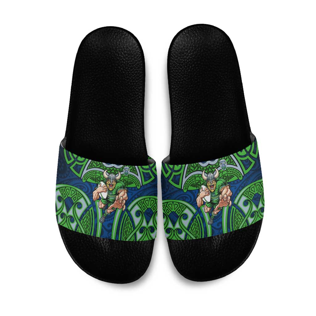 Canberra Raiders Rugby Slide Sandals Polynesian Tribal Viking Warrior Green Blue Pattern