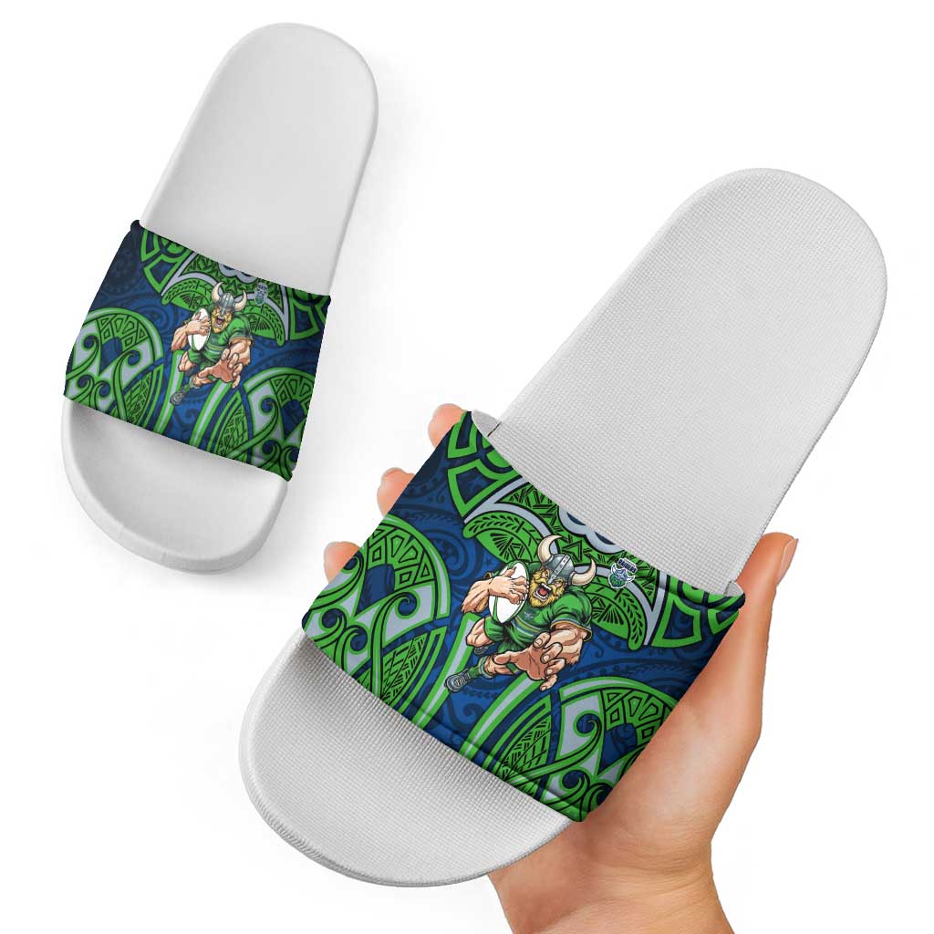 Canberra Raiders Rugby Slide Sandals Polynesian Tribal Viking Warrior Green Blue Pattern