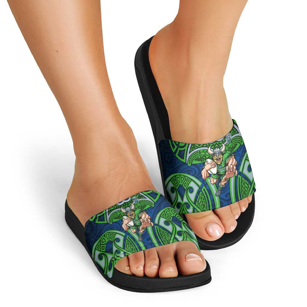 Canberra Raiders Rugby Slide Sandals Polynesian Tribal Viking Warrior Green Blue Pattern