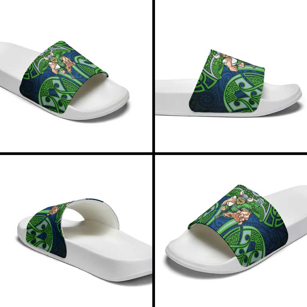 Canberra Raiders Rugby Slide Sandals Polynesian Tribal Viking Warrior Green Blue Pattern