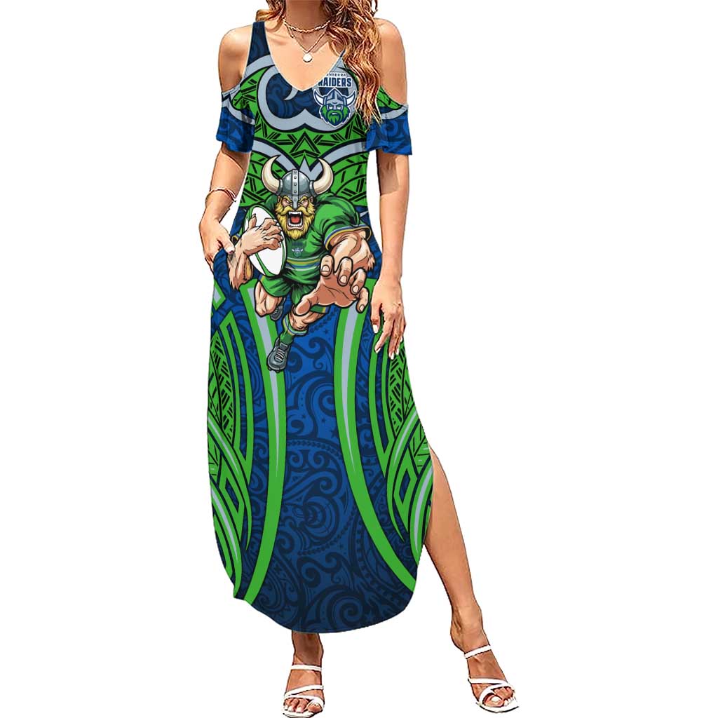 Canberra Raiders Rugby Summer Maxi Dress Polynesian Tribal Viking Warrior Green Blue Pattern