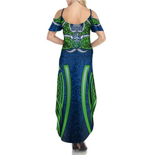 Canberra Raiders Rugby Summer Maxi Dress Polynesian Tribal Viking Warrior Green Blue Pattern