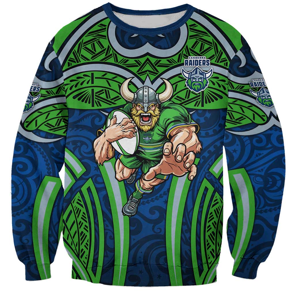 Canberra Raiders Rugby Sweatshirt Polynesian Tribal Viking Warrior Green Blue Pattern