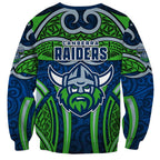 Canberra Raiders Rugby Sweatshirt Polynesian Tribal Viking Warrior Green Blue Pattern
