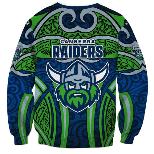 Canberra Raiders Rugby Sweatshirt Polynesian Tribal Viking Warrior Green Blue Pattern