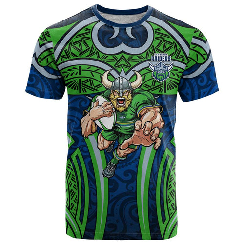 Canberra Raiders Rugby T Shirt Polynesian Tribal Viking Warrior Green Blue Pattern