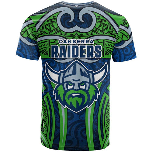 Canberra Raiders Rugby T Shirt Polynesian Tribal Viking Warrior Green Blue Pattern