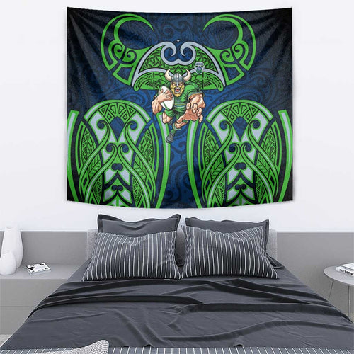 Canberra Raiders Rugby Tapestry Polynesian Tribal Viking Warrior Green Blue Pattern