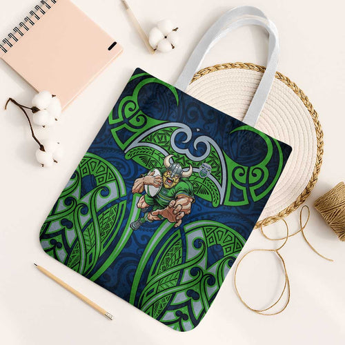 Canberra Raiders Rugby Tote Bag Polynesian Tribal Viking Warrior Green Blue Pattern