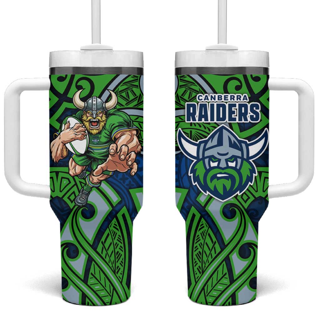 Canberra Raiders Rugby Tumbler With Handle Polynesian Tribal Viking Warrior Green Blue Pattern