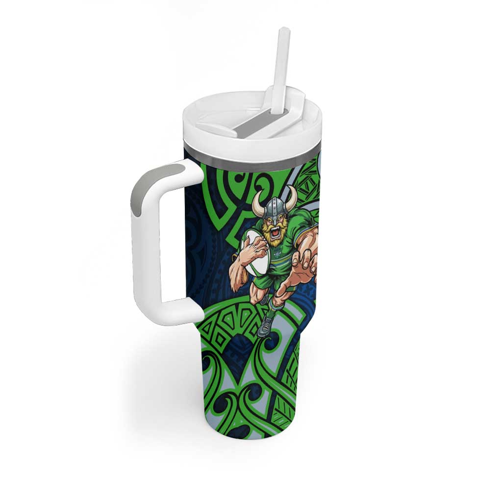 Canberra Raiders Rugby Tumbler With Handle Polynesian Tribal Viking Warrior Green Blue Pattern