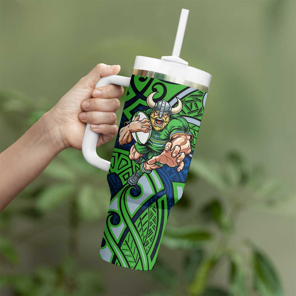 Canberra Raiders Rugby Tumbler With Handle Polynesian Tribal Viking Warrior Green Blue Pattern