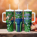 Canberra Raiders Rugby Tumbler With Handle Polynesian Tribal Viking Warrior Green Blue Pattern