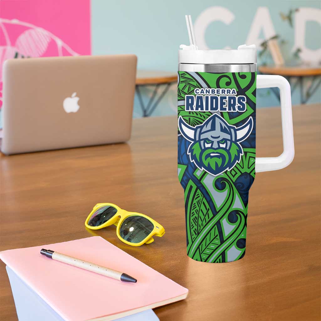 Canberra Raiders Rugby Tumbler With Handle Polynesian Tribal Viking Warrior Green Blue Pattern